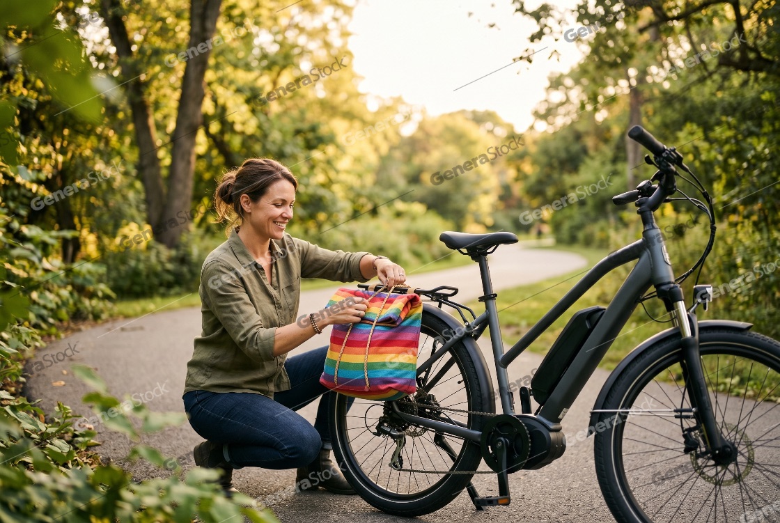 Smiling woman attaching a rainbow-striped bag to her electric bicycle on a paved park path during a sunny afternoon