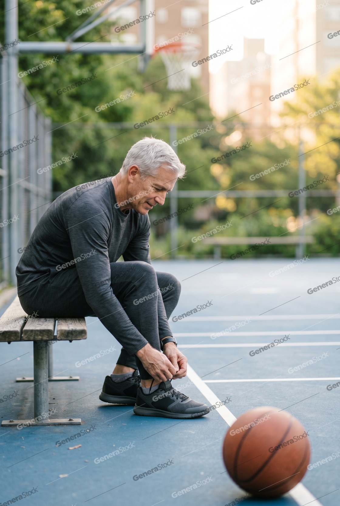 Active senior man in dark sportswear sitting on a wooden bench and tying his shoelaces on an outdoor basketball court