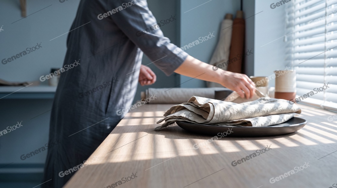 Female artisan or designer arranging natural linen fabric on a w