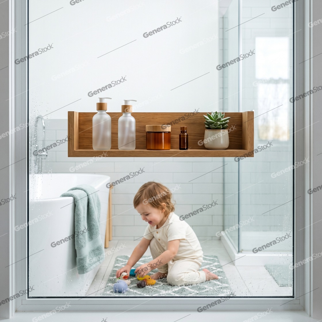 Adorable toddler playing with colorful toys on a rug in a bright, modern white bathroom seen through a glass door
