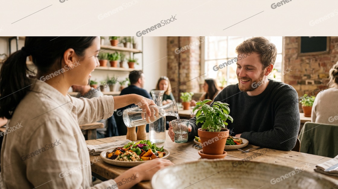 Happy young couple enjoying a healthy lunch in a rustic plant-filled cafe, woman pouring water