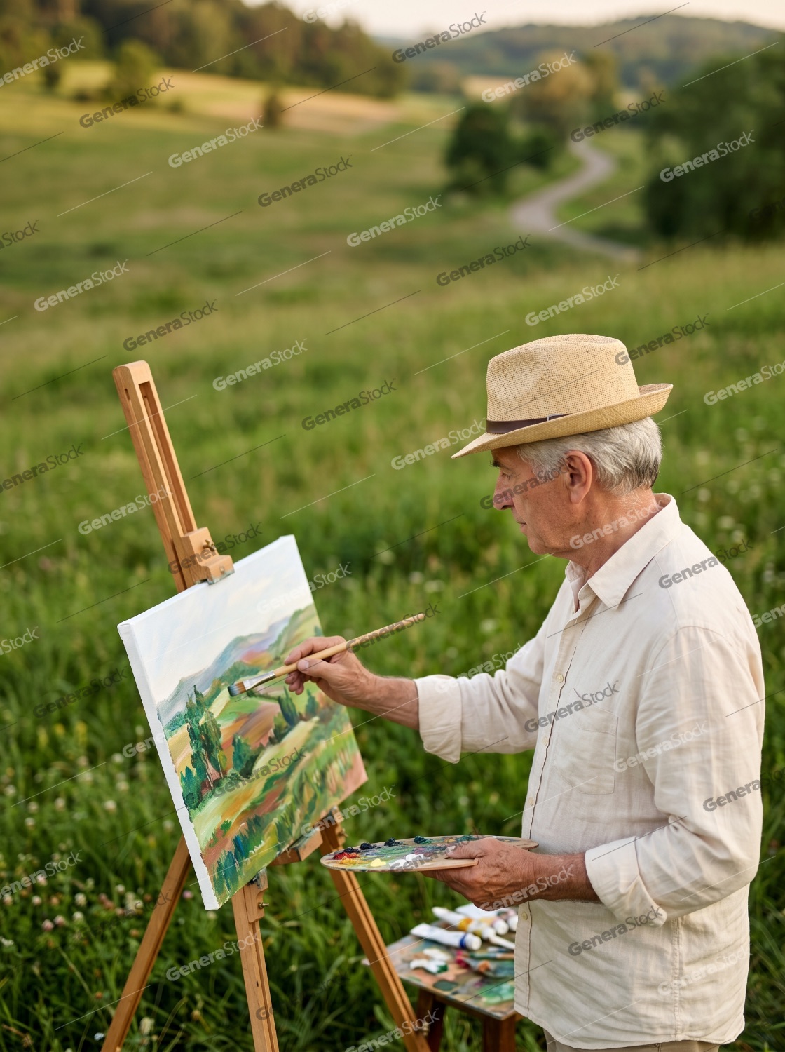 Elderly Man in a Straw Hat Painting a Scenic Landscape on Canvas Outdoors in a Lush Green Field