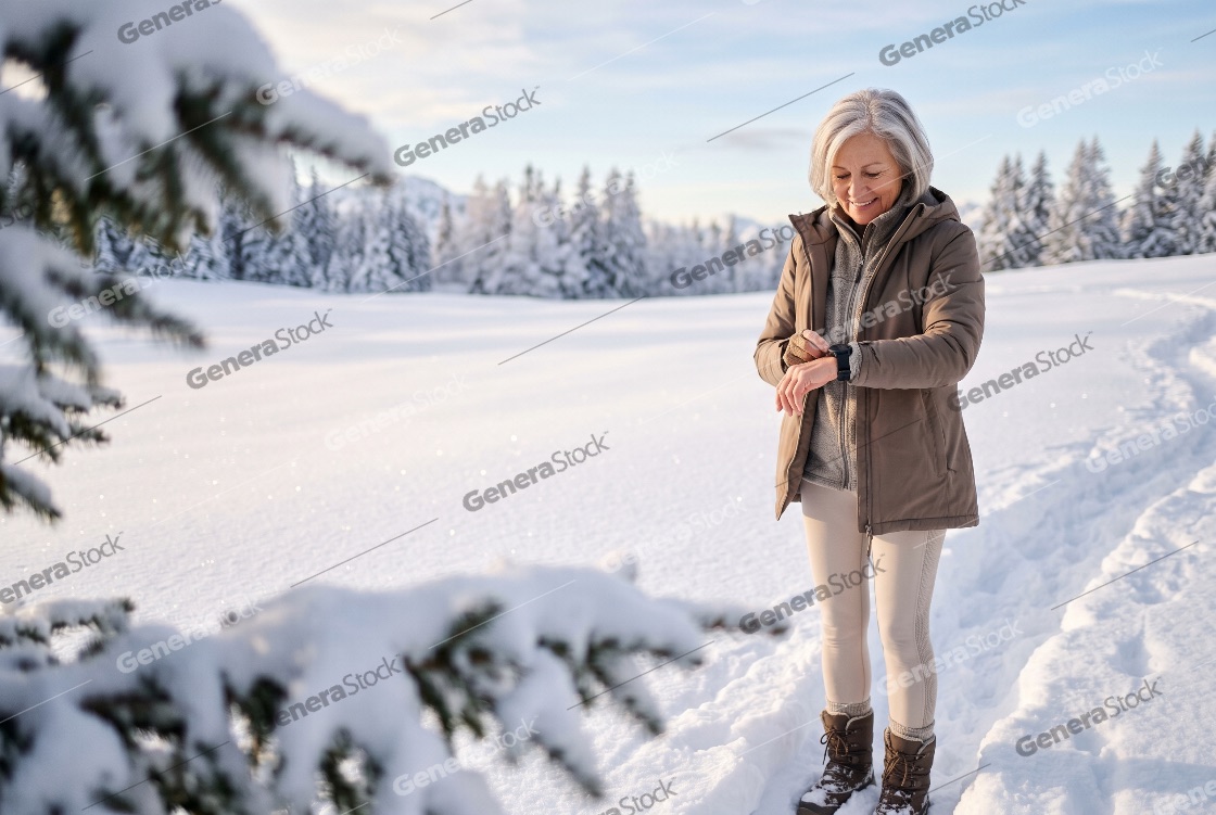 Smiling senior woman checking her smartwatch while walking in a beautiful snow-covered landscape on a sunny winter day