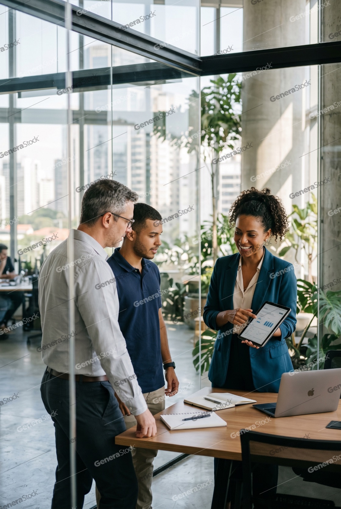 Diverse business team reviewing financial data on a digital tablet in a modern office
