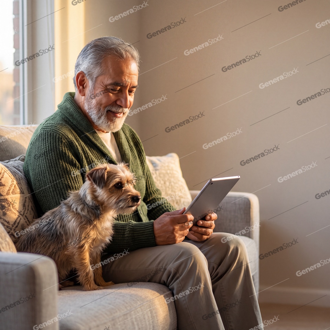A happy senior man with grey hair and a beard sits on a cozy living room sofa with his small dog, smiling while using a digital tablet during a warm sunset or golden hour afternoon at home