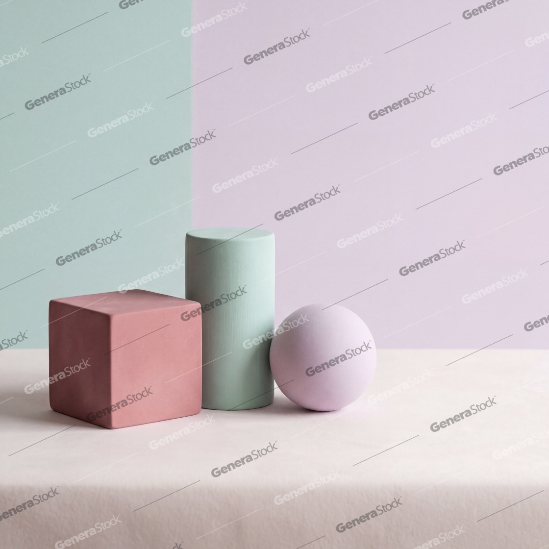 Minimalist Still Life with Pastel Geometric Shapes: Cube, Cylinder, and Sphere on a Two-Tone Background