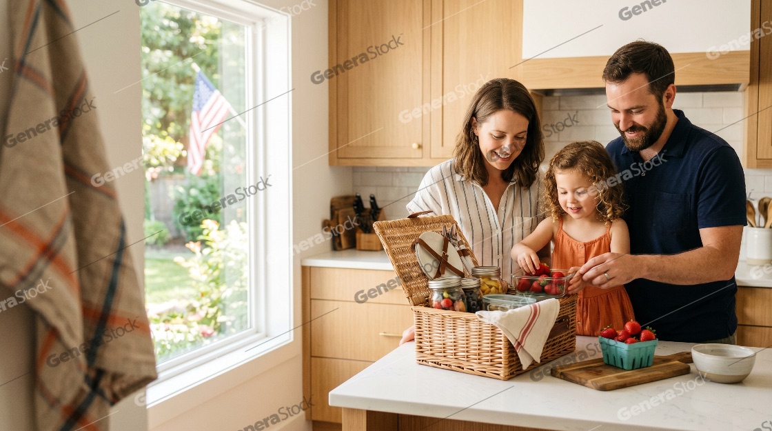 Happy family with young daughter packing a picnic basket with fresh strawberries in a bright modern kitchen with an American flag visible through the window