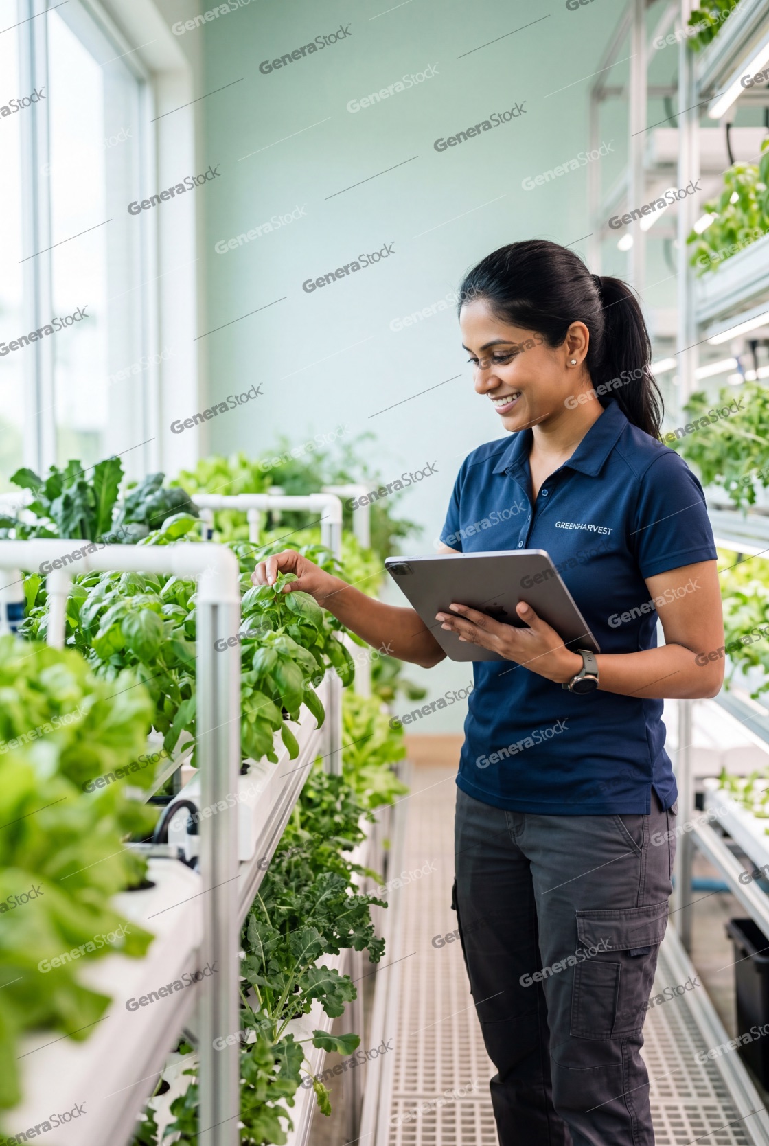 Professional female agriculturalist using a digital tablet to monitor plant health in a modern indoor vertical hydroponic farm