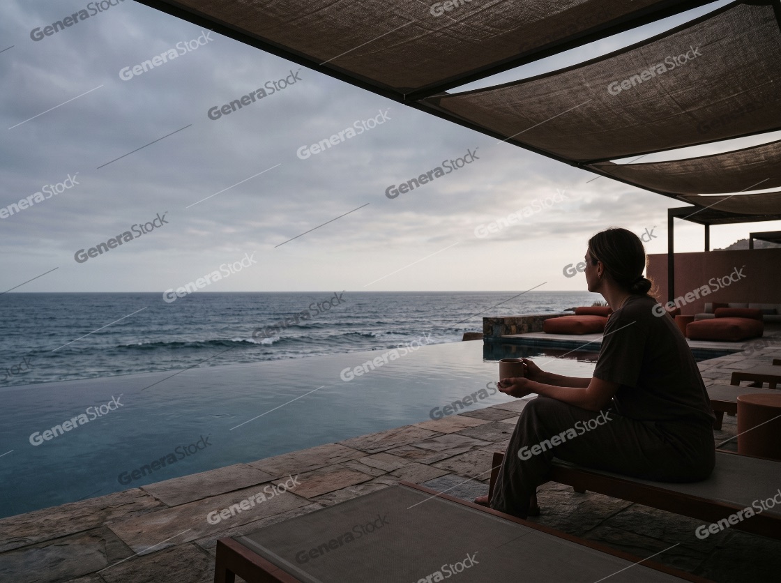 Woman enjoying a peaceful morning with a cup of coffee beside an