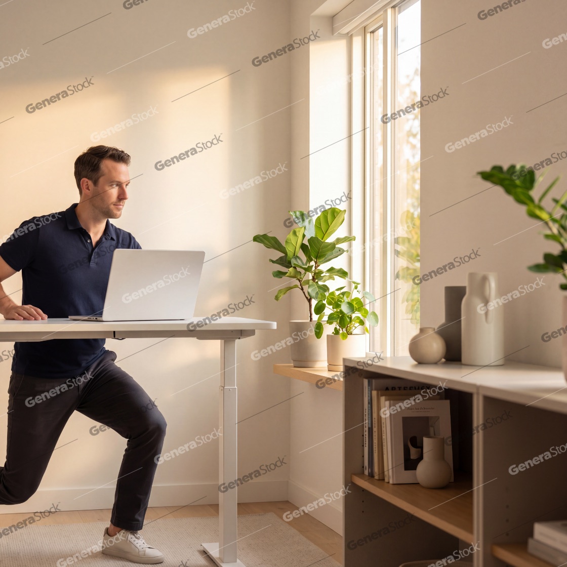 Productive young man exercising while working on a laptop at an adjustable standing desk in a bright, modern home office with warm natural light, green plants, and stylish interior design