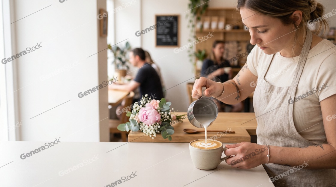 Female barista pouring steamed milk into a cup of coffee to create latte art in a modern cafe