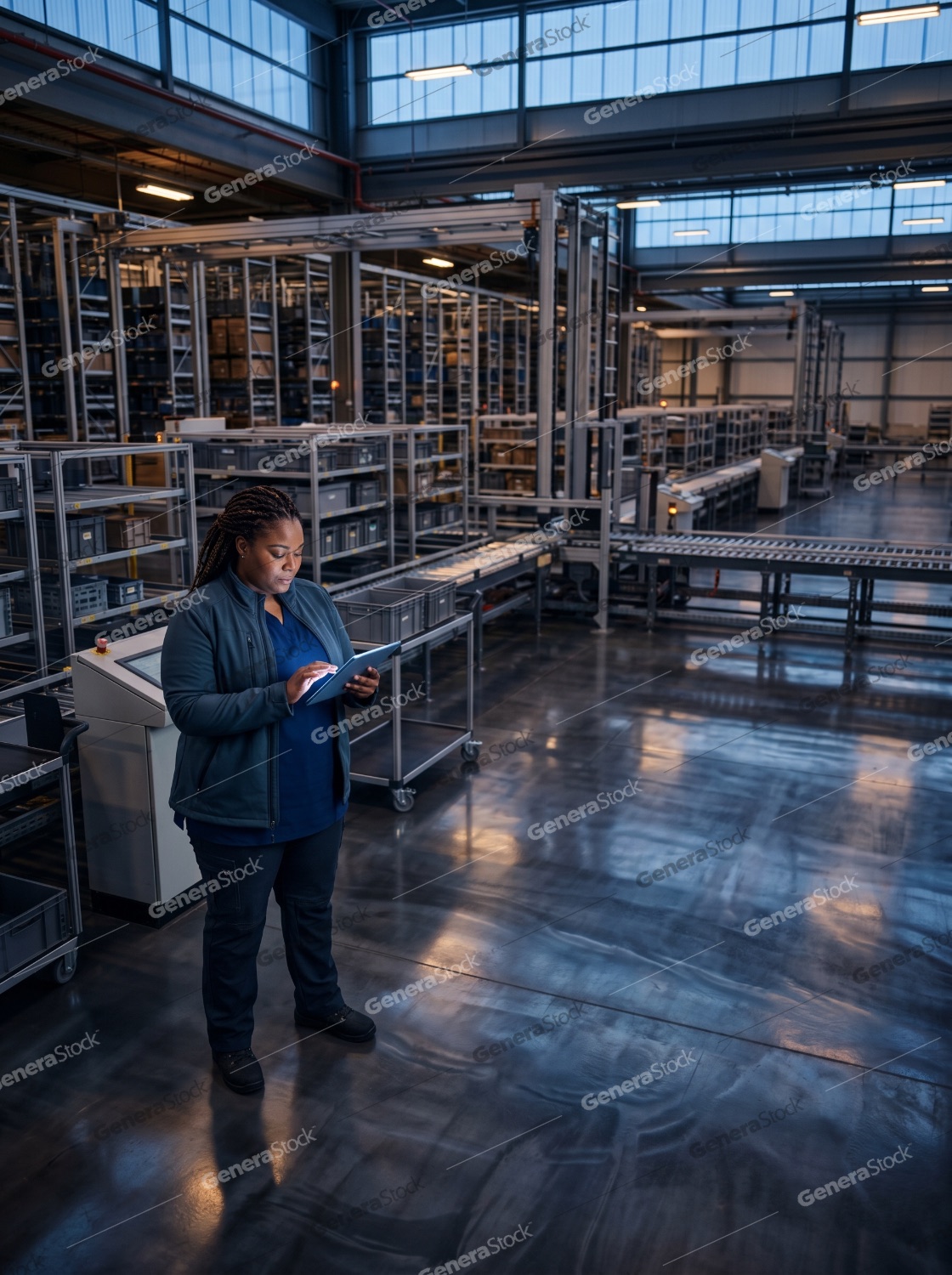 Black female logistics manager using a digital tablet in a modern automated warehouse facility