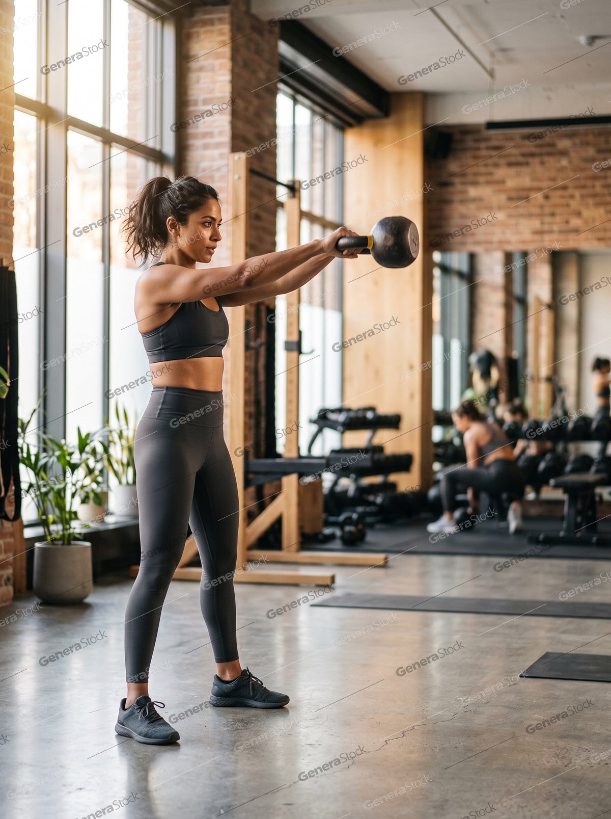 woman training with a kettlebell, bright boutique gym, plants