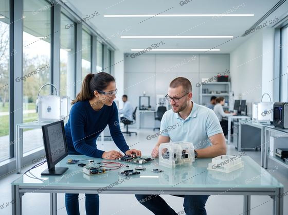 two engineers with circuit boards and 3D printed parts, bright lab