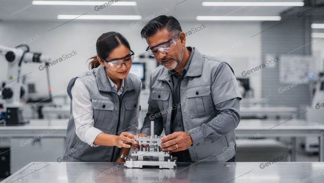 two engineers in grey workwear examining an aluminium fixture