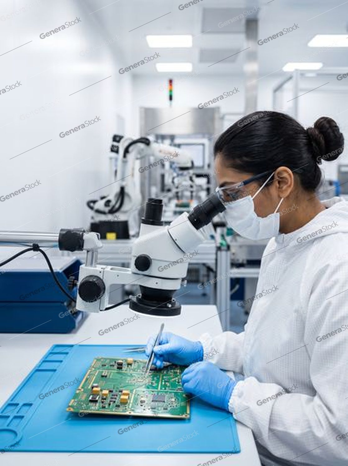 technician in a coverall inspecting a circuit board under a microscope