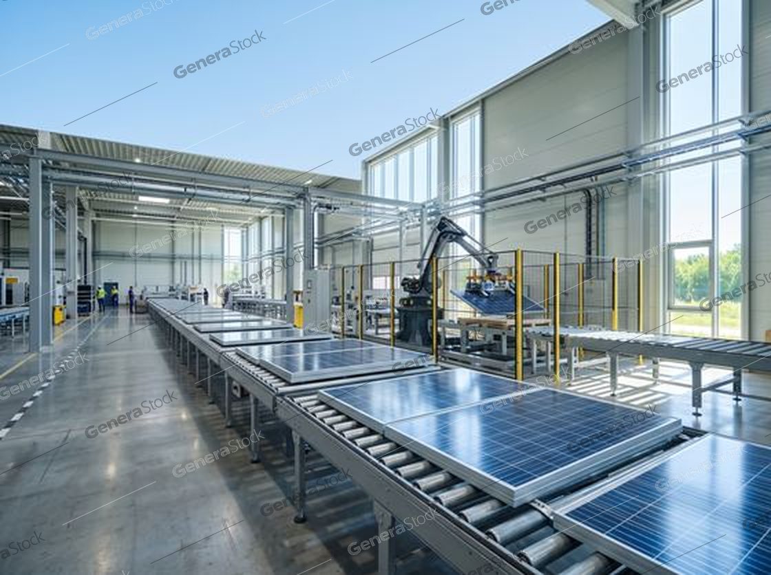 conveyor of photovoltaic panels, robot arm, daylight factory hall