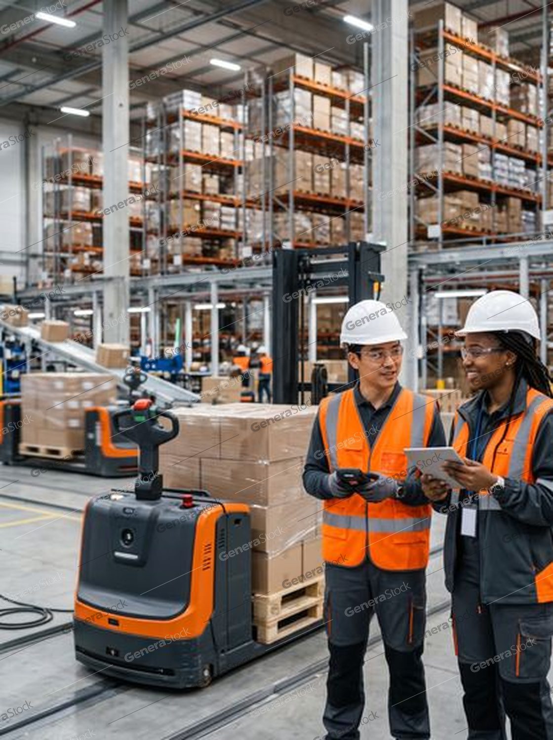 two workers in hi-vis with a tablet beside an autonomous pallet mover