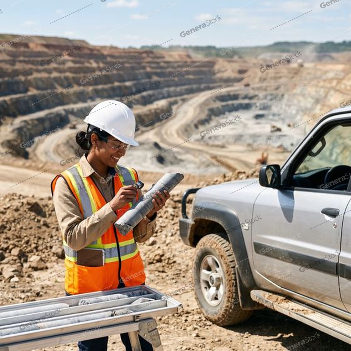 geologist with a hand lens examining core samples, open pit behind