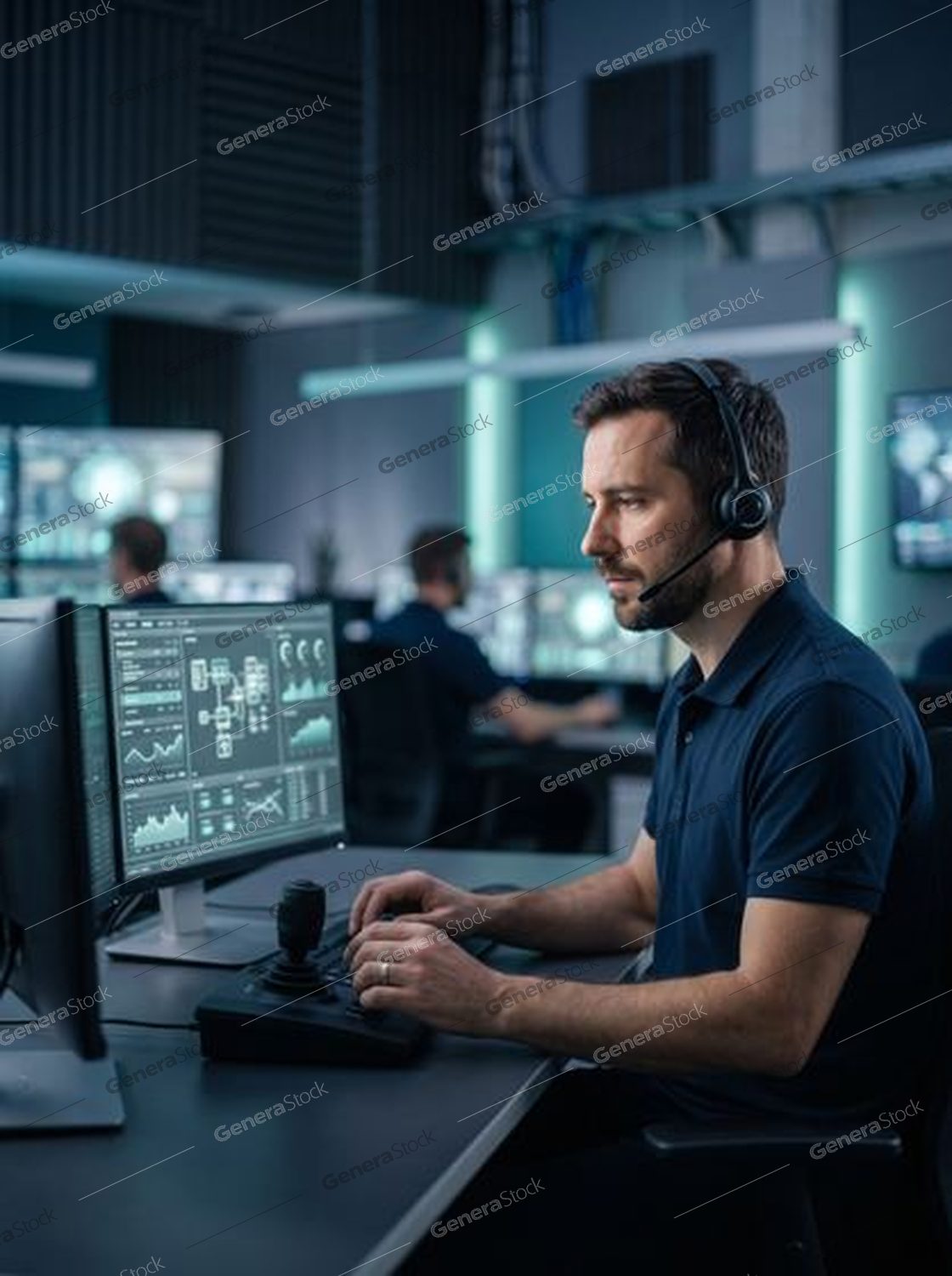 operator at a monitoring desk, teal screens, night shift