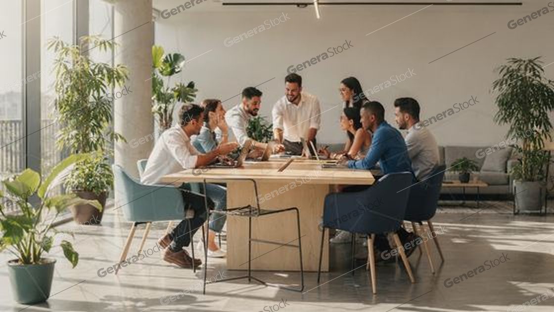 eight colleagues around a light wood table, plants, hazy daylight