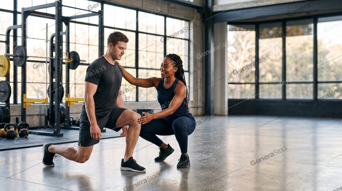 personal trainer guiding a client through a lunge, daylight gym