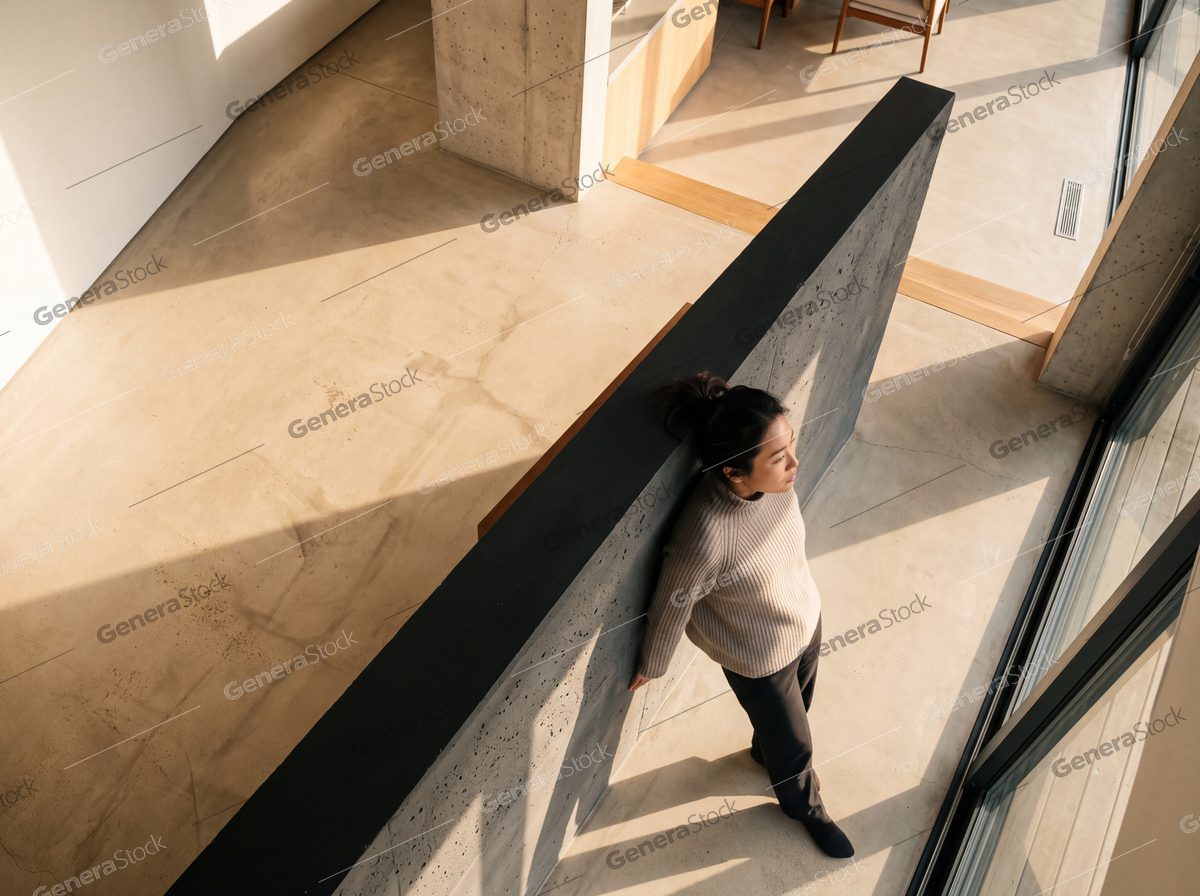woman leaning on a dark wall, sunlit minimalist interior, seen from above