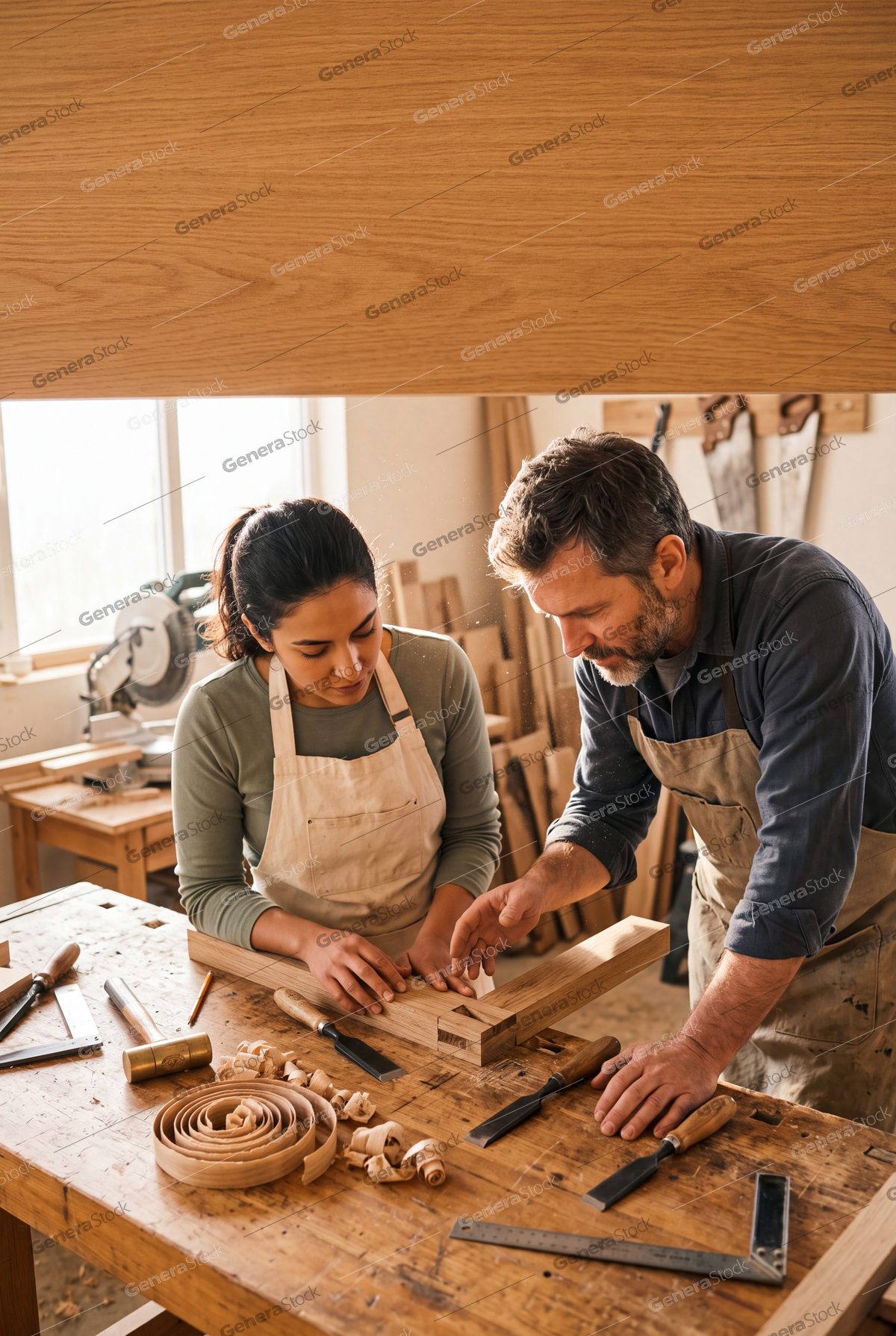 two woodworkers fitting an oak joint, warm workshop, drifting sawdust