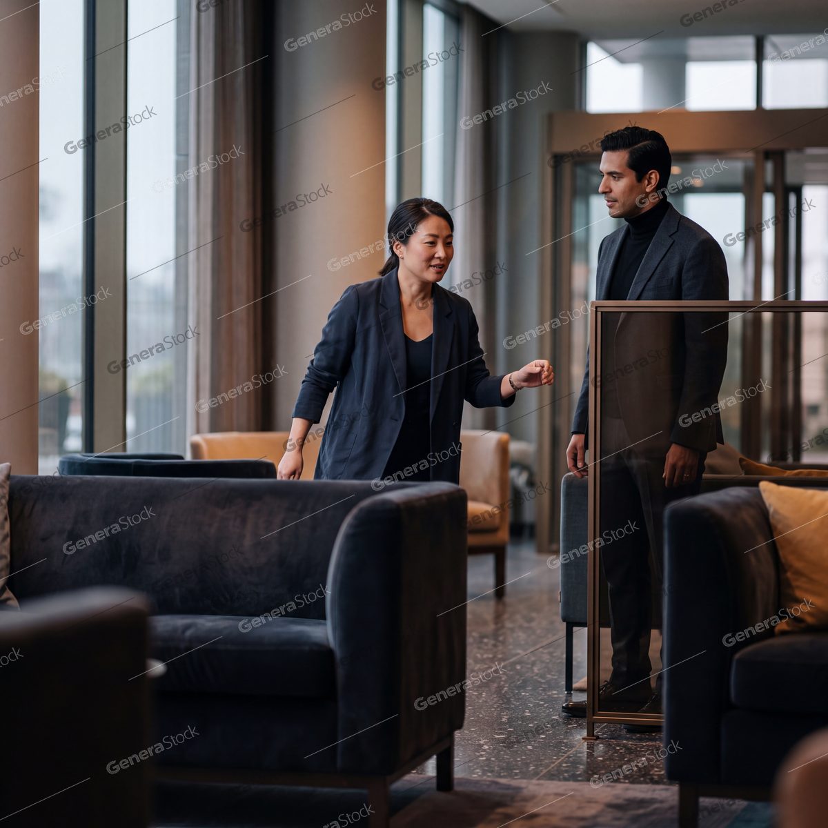 colleagues talking between velvet sofas, bronze and glass lobby