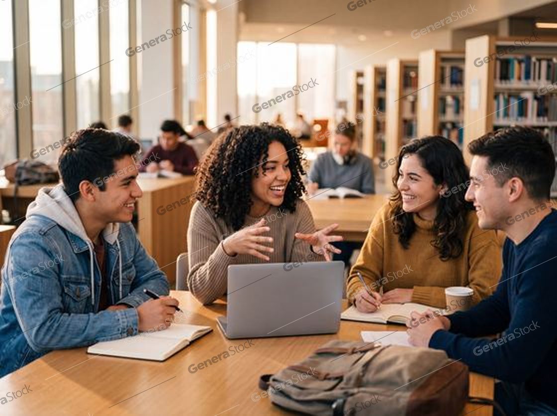 four students talking around a laptop, library windows, warm light