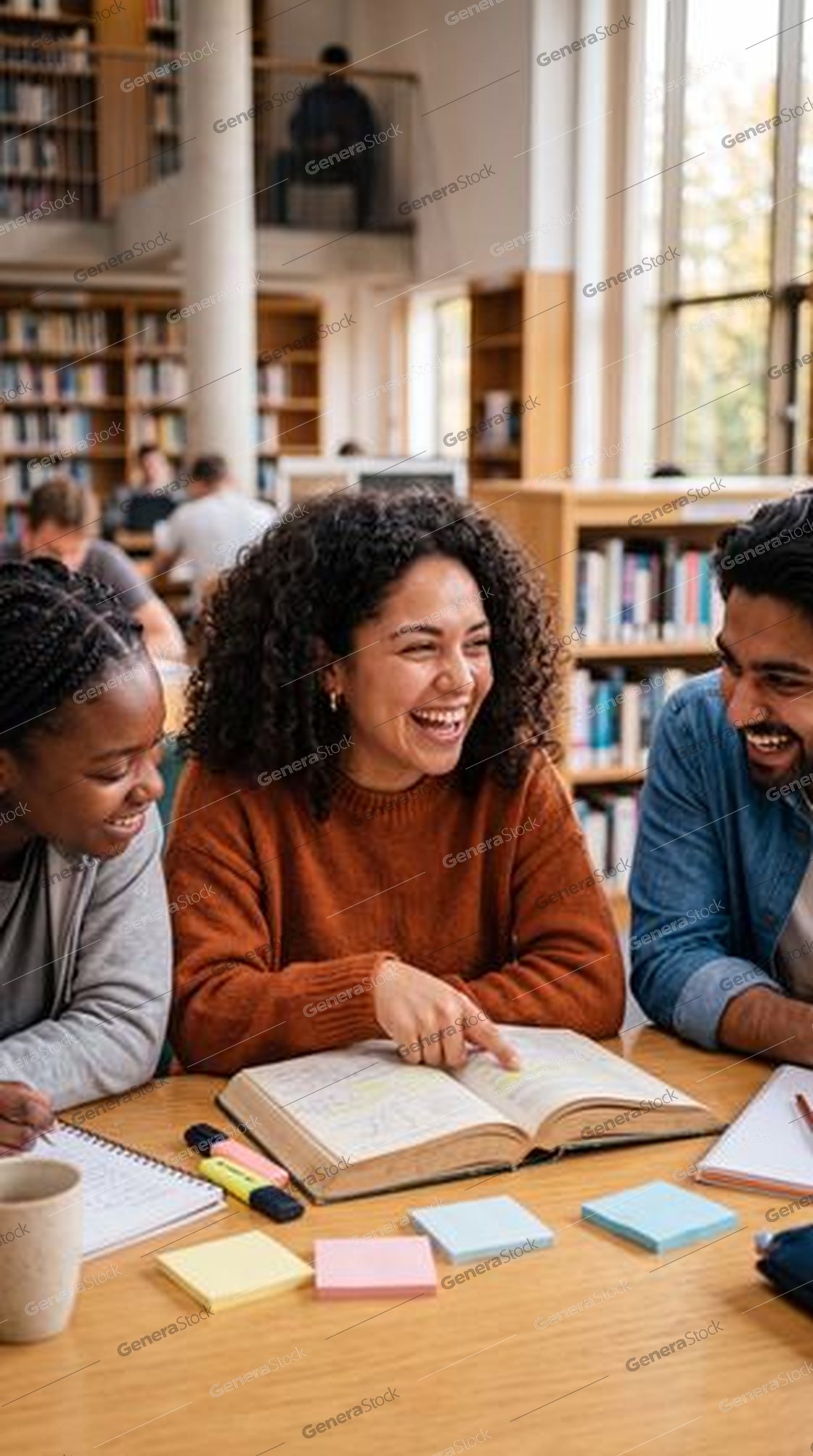 student pointing at a textbook while friends laugh, library table
