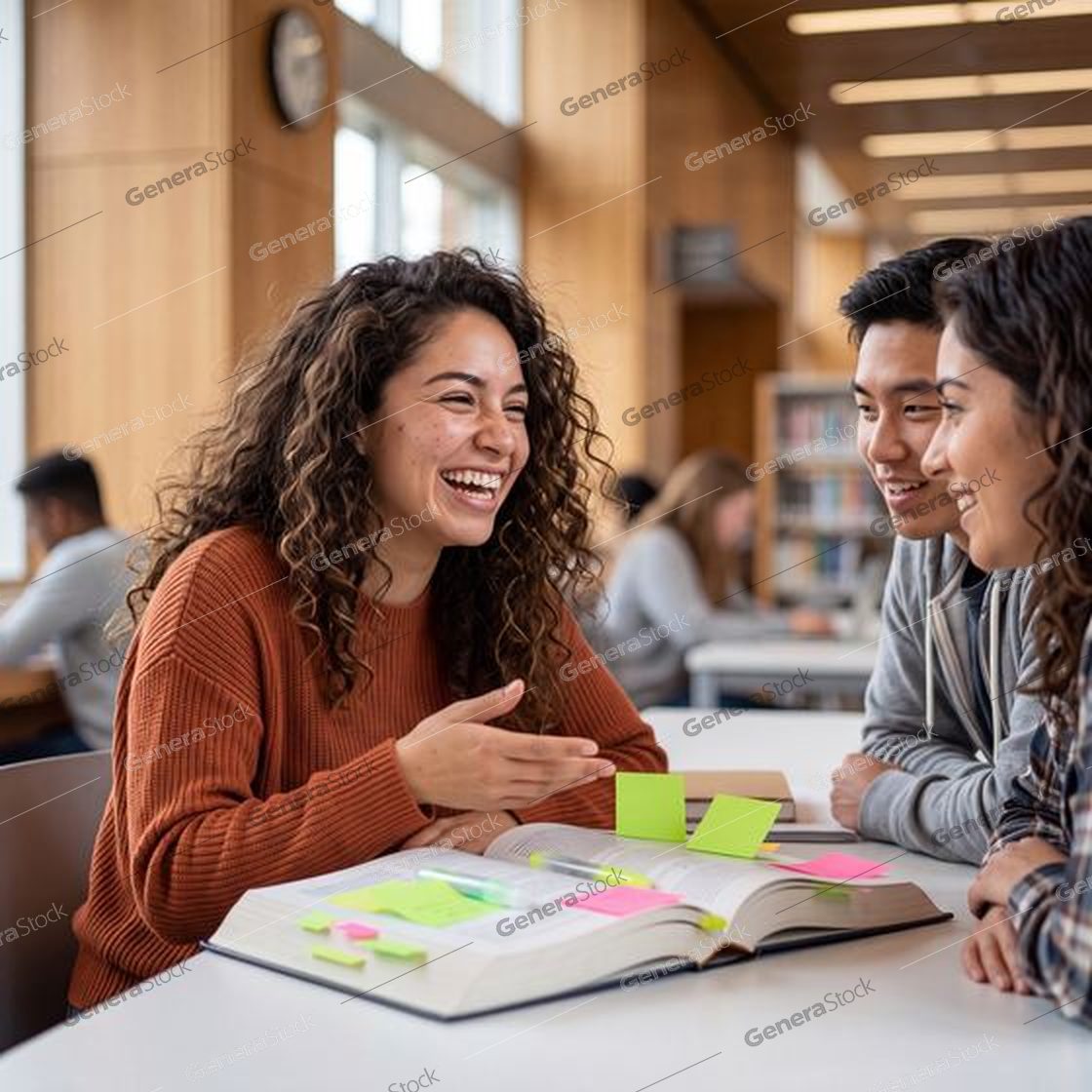 three students laughing around an open book, sticky notes, campus library