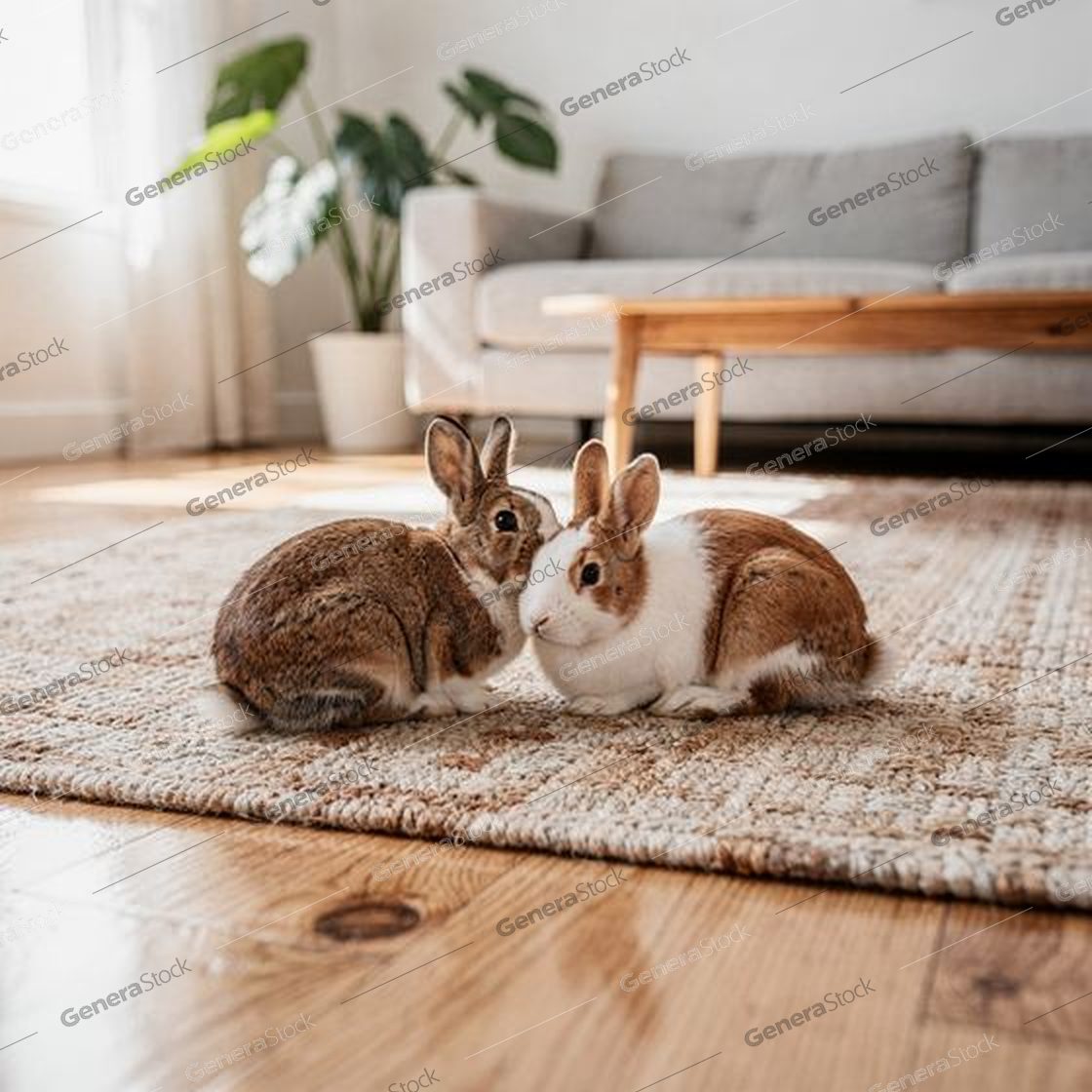 pair of rabbits resting on a jute rug, sunlit living room