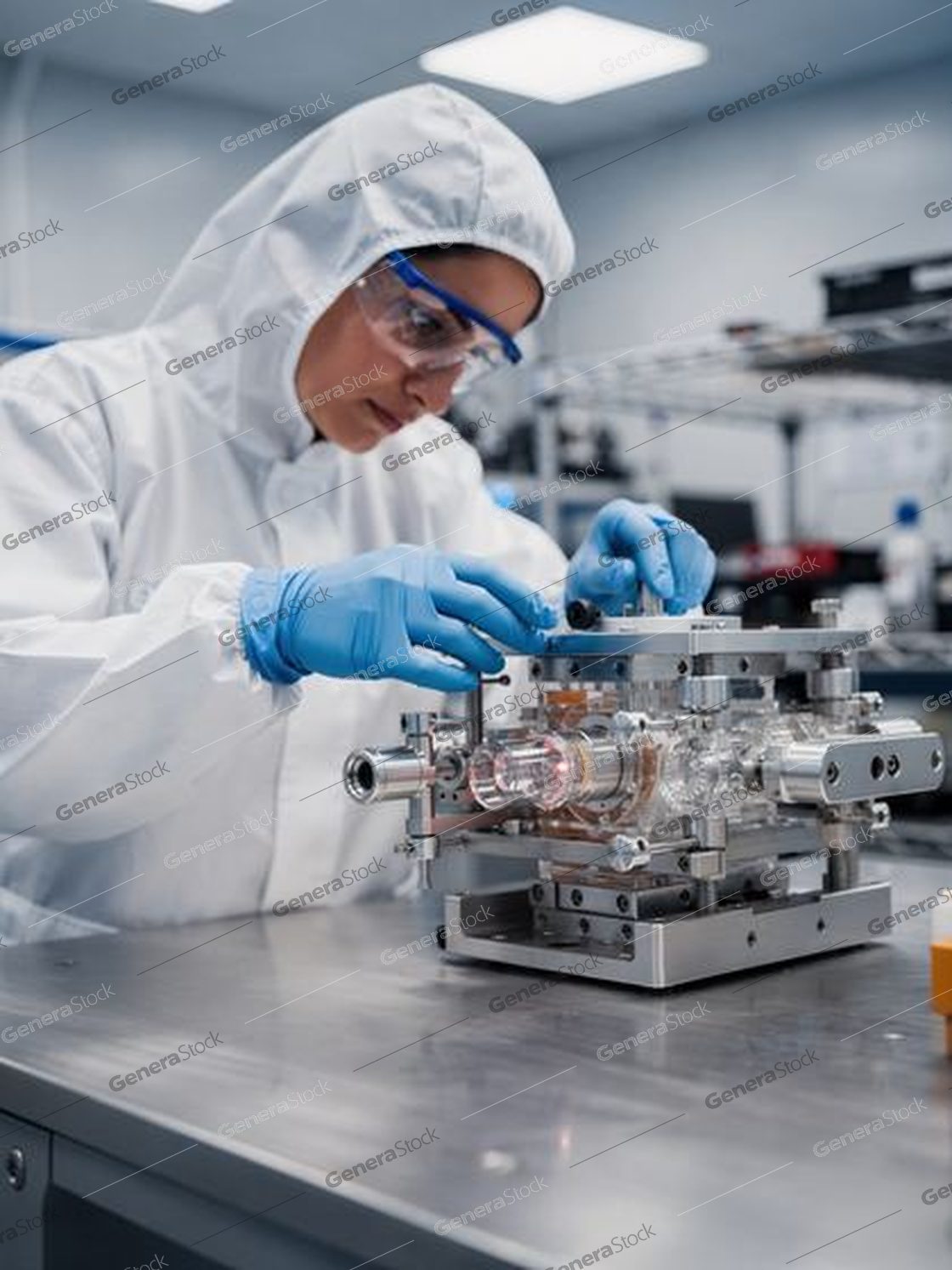 engineer in a coverall aligning an optical assembly, blue gloves