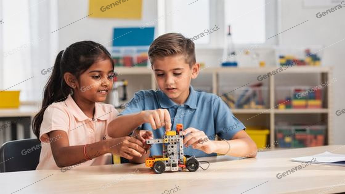 two children assembling a motorised robot kit at a school desk