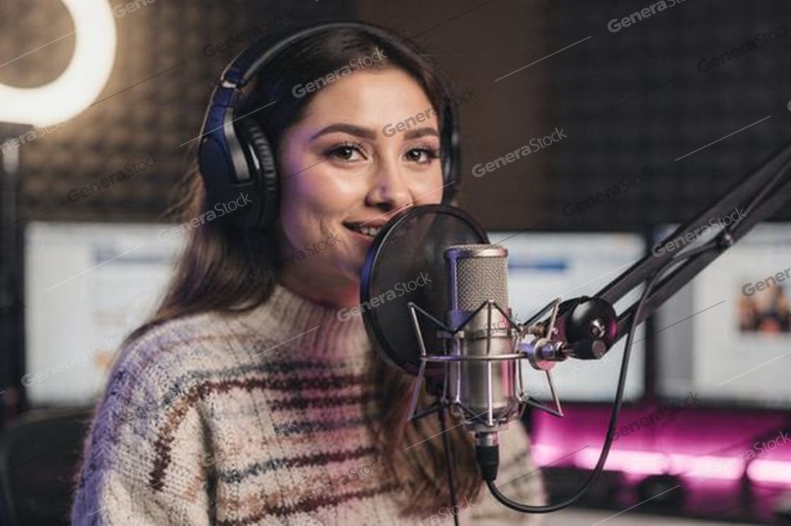 woman with headphones smiling at a studio mic, ring light, pink glow