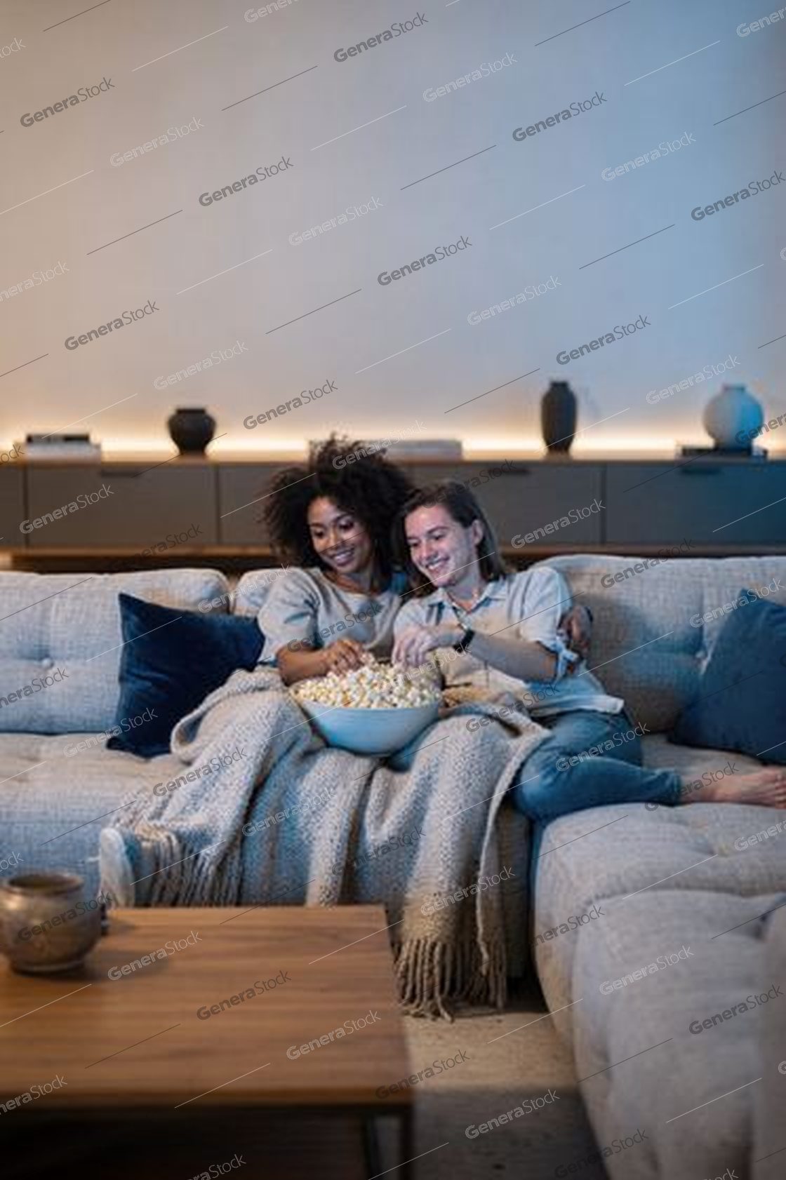 couple sharing popcorn under a blanket, ambient light, evening