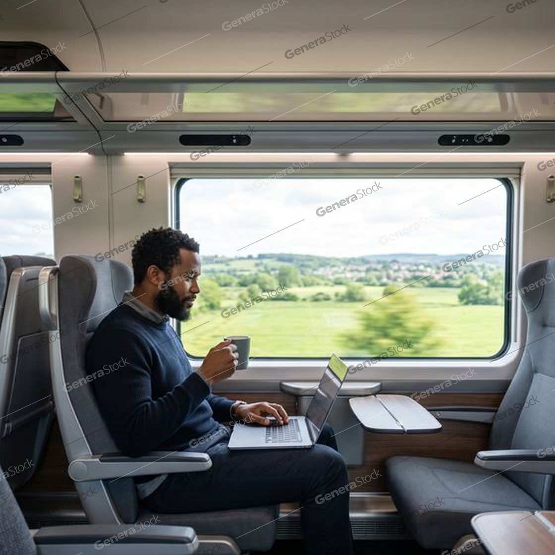 man with a laptop and coffee beside a window, green countryside passing