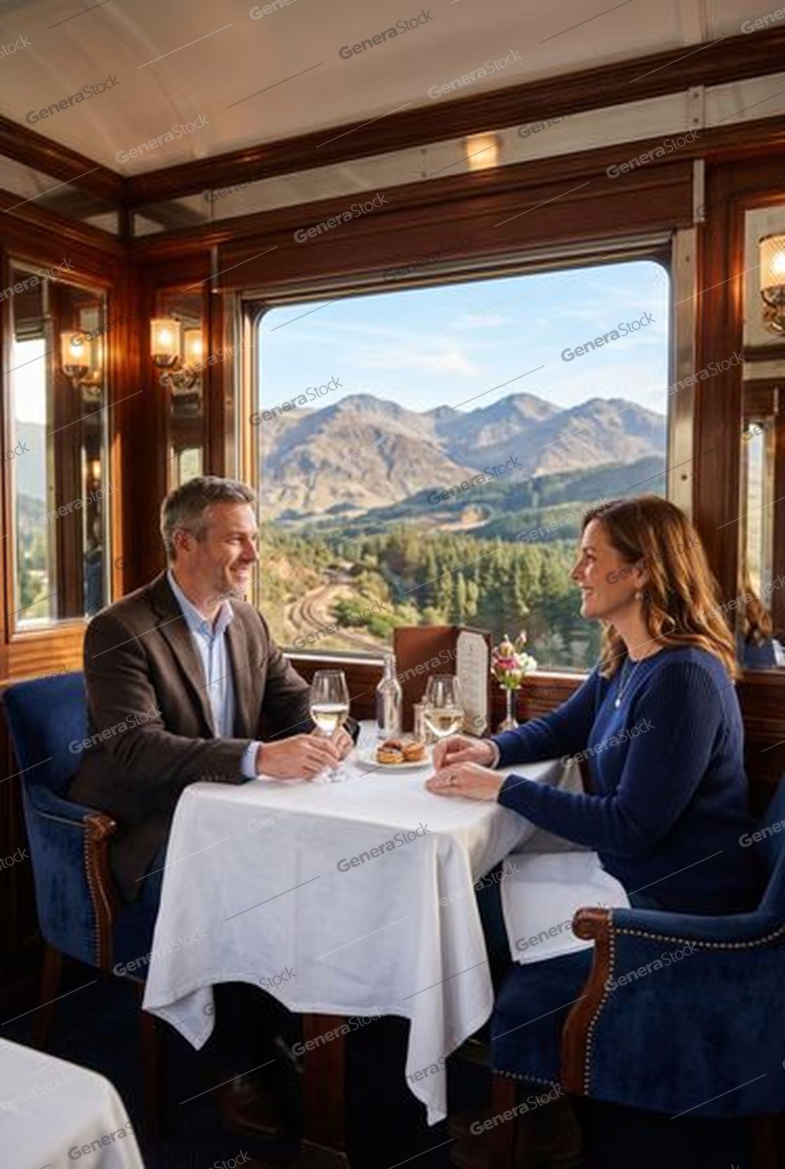 couple with wine at a white linen table, wood panelling, mountains