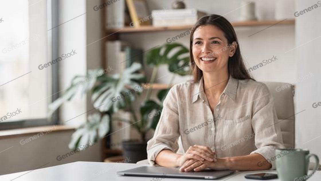 woman in linen shirt at a bright desk, plants, laptop closed