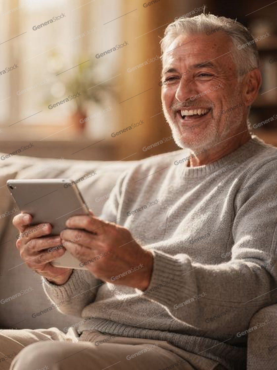 older man laughing while holding a tablet, warm sofa, backlight