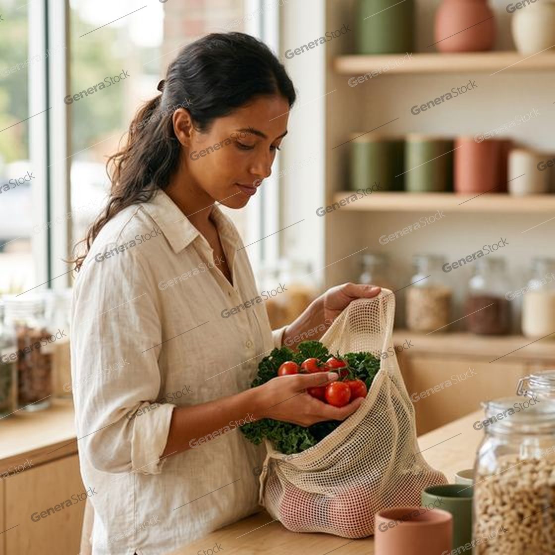 woman with tomatoes and kale in a mesh bag, refill store shelves