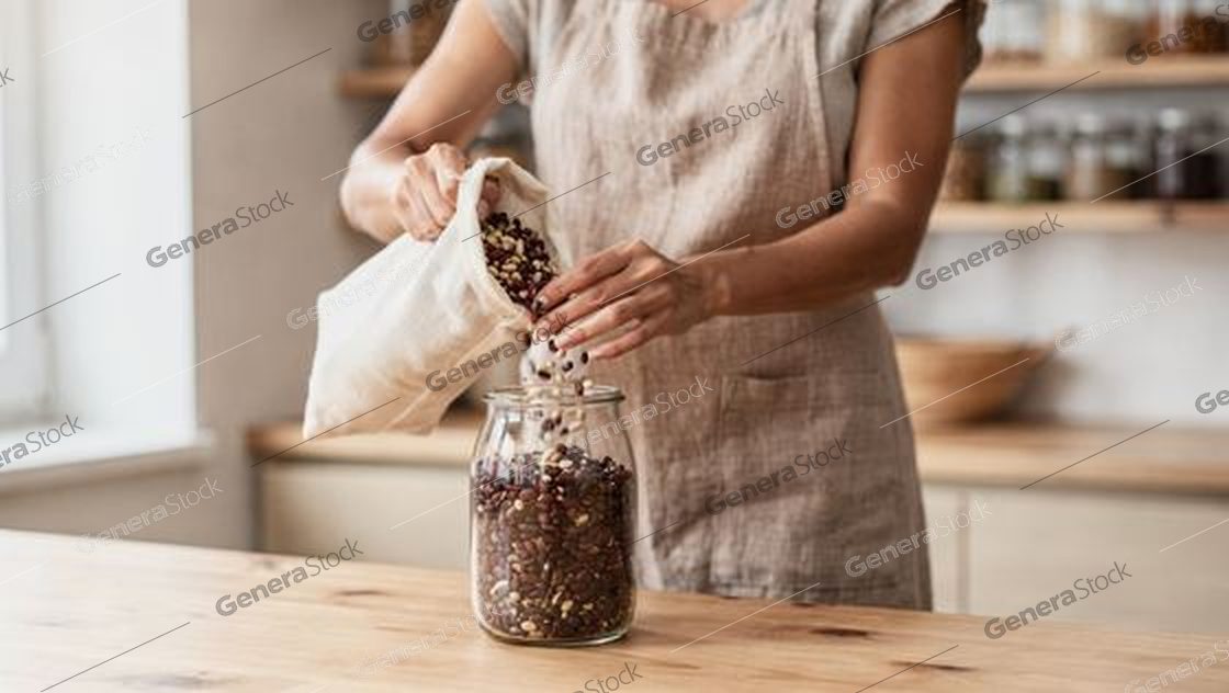 woman in linen apron filling a jar from a cloth bag, pantry shelves