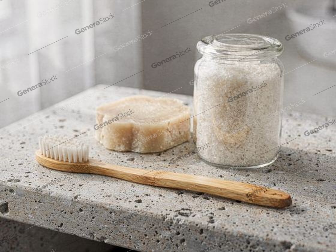 solid soap bar, jar of bath salt and a bamboo brush on stone
