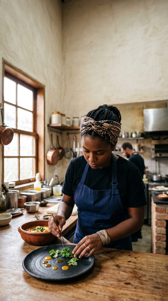 chef arranging herbs on a black plate, clay pot stew, copper pans