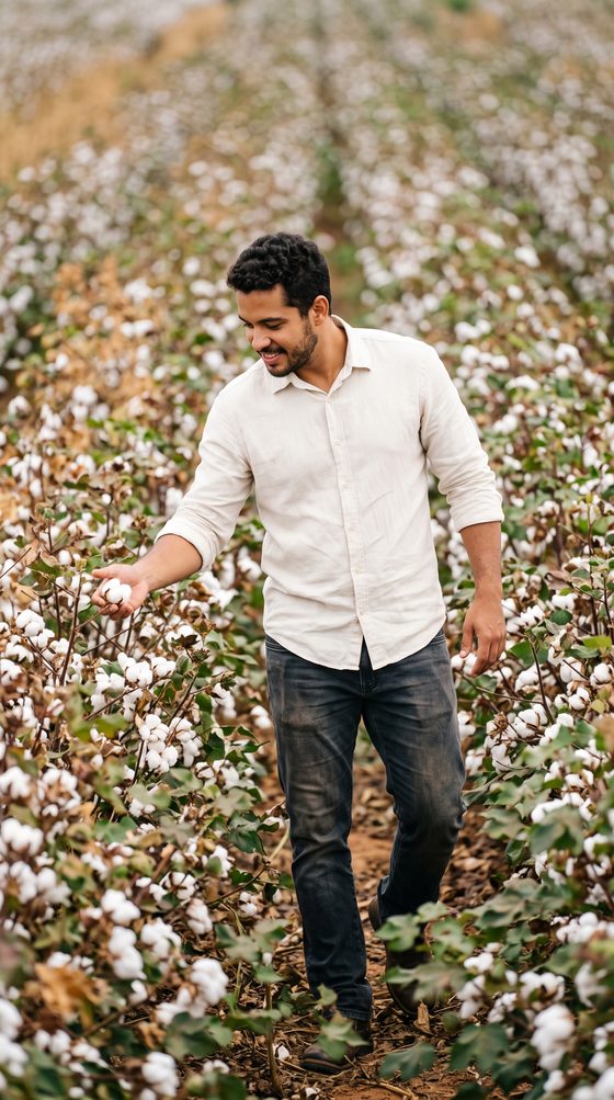 man inspecting a cotton boll, rows of white bolls, soft overcast