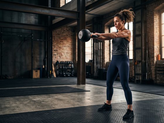 athlete swinging a kettlebell, brick walls, dramatic window light