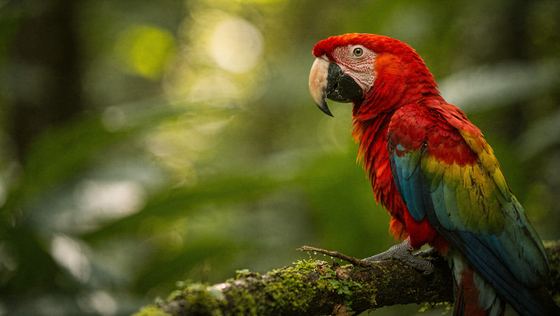 scarlet macaw perched on a moss covered branch, rainforest bokeh