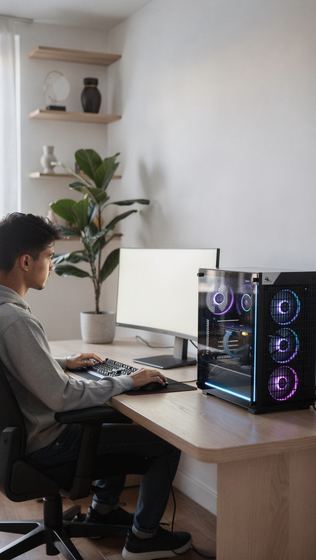 young man at a desk, glass PC case with RGB fans, tidy home setup