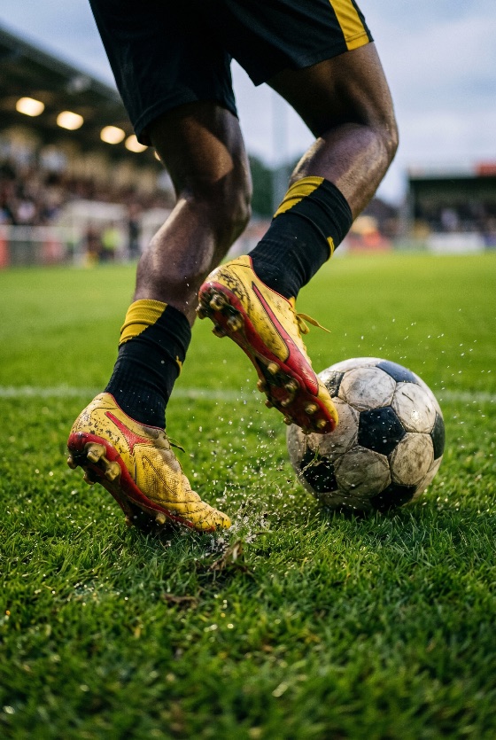 close-up, professional, soccer, player, feet, yellow, cleats, kicking, ball, wet, grass, field, with, water, splashes, football, pitch, splash, action, sports, athlete, dribbling, match, game, stadium, competition, movement, dynamic, athletic, training, outdoor, boots, black, red, footwear, performance, goal, team, lifestyle, energy, speed, power, skill, technique, hobby, exercise, fitness, active, lights, crowd